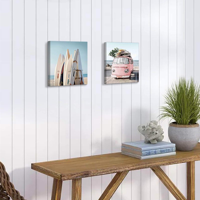 Hardy Gallery Beach Picture Coastal Art Painting: Surfboard & Pink Car Ocean Wall Art on Canvas for Bedroom Bathroom (12â€ x 12â€ x 2 Panels) - Image 4